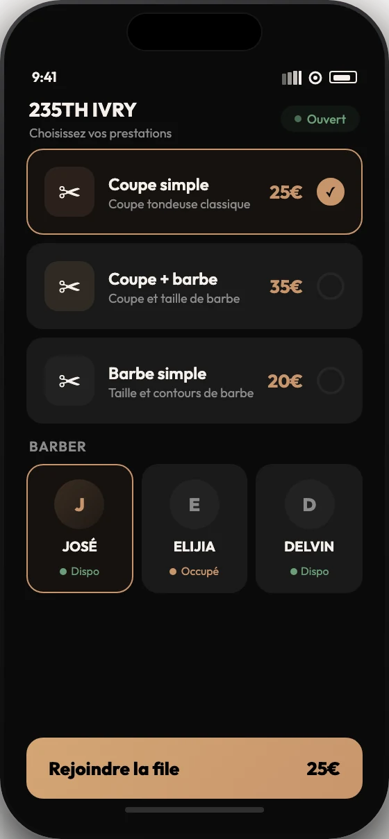 Application QudUp : choix de la prestation et du barber chez 235th Ivry