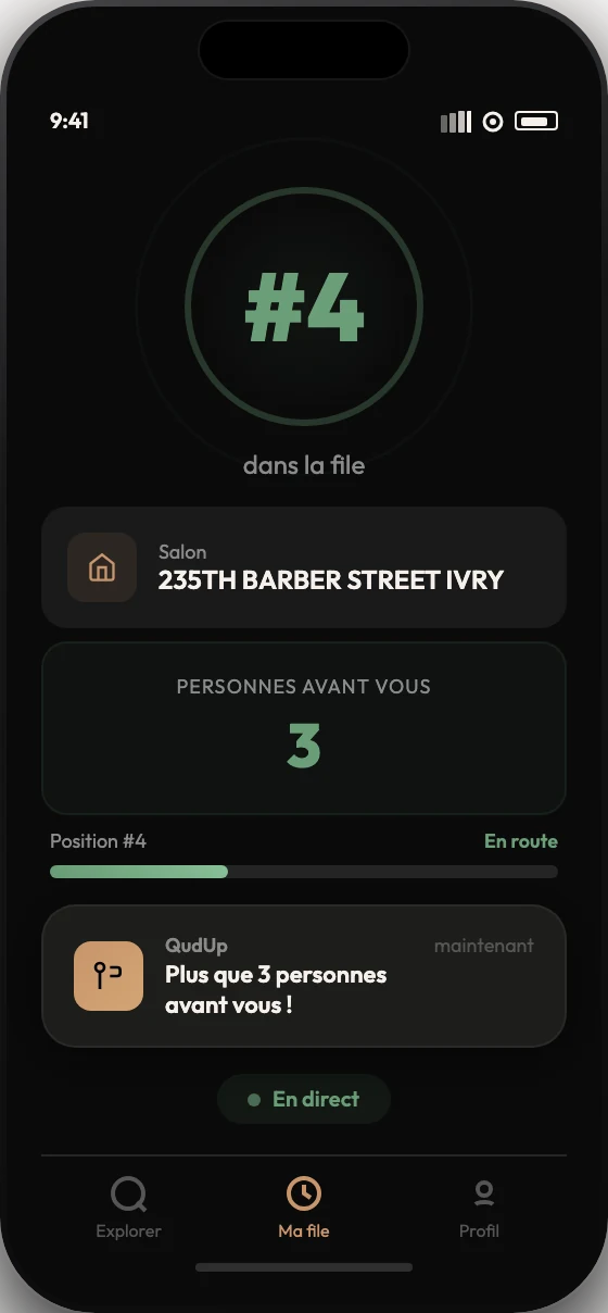 Application QudUp : position dans la file et nombre de personnes avant vous